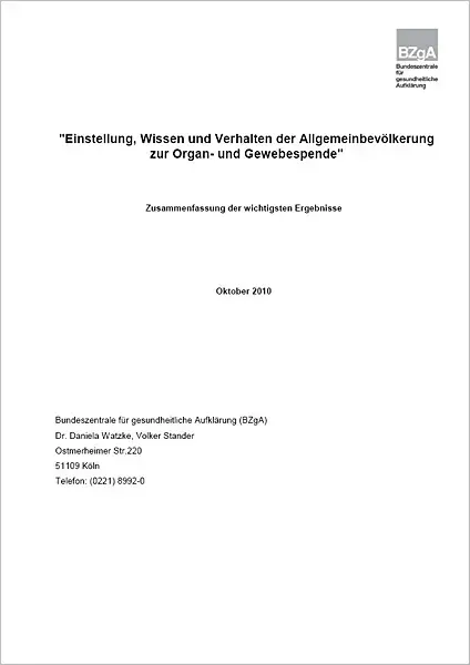 Titelseite der Studie "Einstellung, Wissen und Verhalten der Allgemeinbevölkerung zur Organ- und Gewebespende"