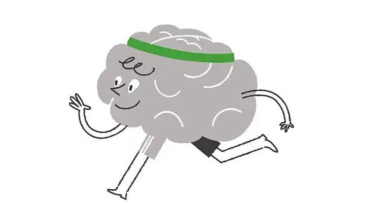 Illustration eines Gehirns (in grau mit grünem Stirnband), das joggt.