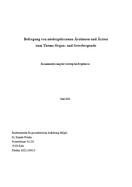 Befragung_Aerzte_Organspende_2011 Titelseite der Studie: Befragung von niedergelassenen Ärztinnen und Ärzten zum Thema Organ- und Gewebespende