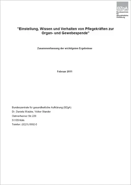 Titelseite der Studie: Einstellung, Wissen und Verhalten von Pflegekräften zur  Organ- und Gewebespende