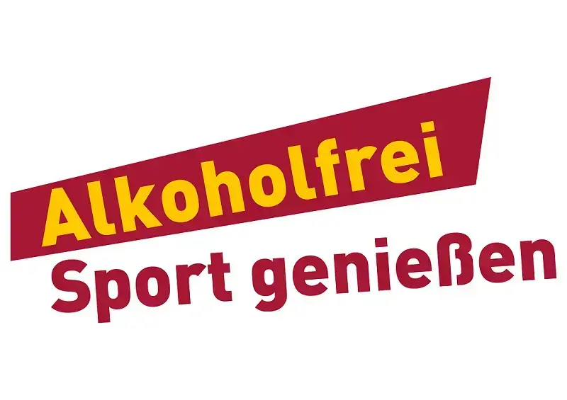 Das Logo der Kampagne "Alkoholfrei Sport genießen". Das Wort Alkoholfrei ist orange auf rotem Hintergrund. Die Wörter "Sport genießen" stehen darunter und sind rot auf weißem Hintergrund
