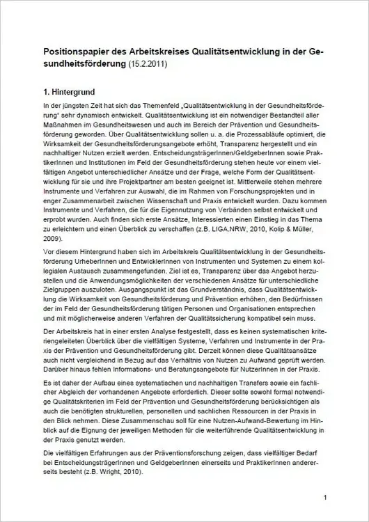 Positionspapier des Arbeitskreises Qualitätsentwicklung in der Gesundheitsförderung Titelseite des Positionspapiers des Arbeitskreises Qualitätsentwicklung in der Gesundheitsförderung