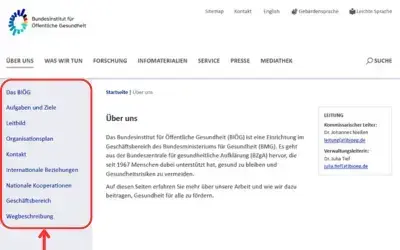 Screenshot der Seite bioeg.de mit hervorgehobener Sitebar