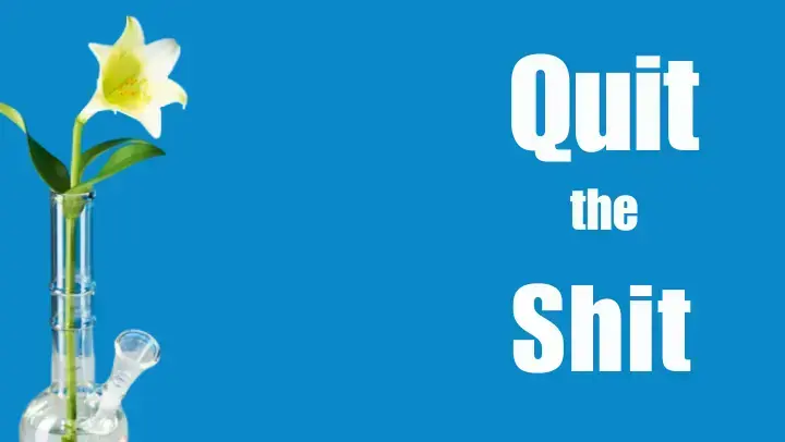 Logo "Quit the Shit" Ausstiegsprogramm: In einer gläsernen Bong steckt eine weiße Lilie. Der Hintergrund ist blau. Im Bild steht: Quit the Shit.