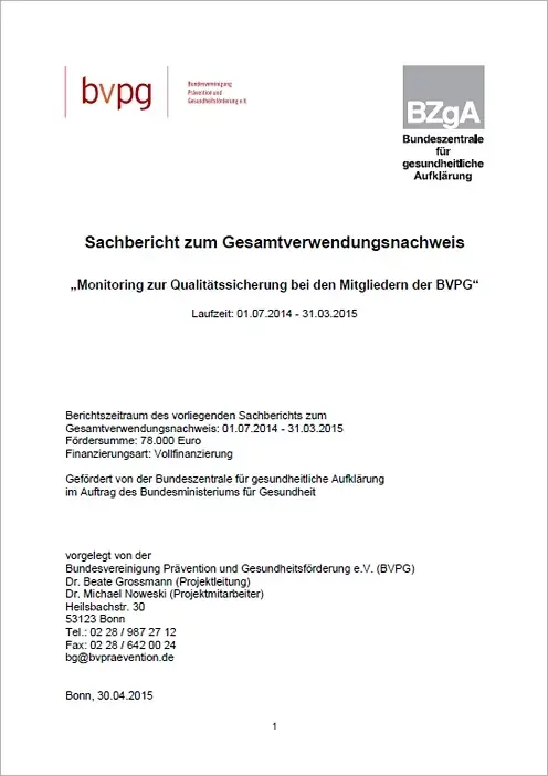 BVPG Sachbericht Monitoring QS Titelseite der Studie: Monitoring zur Qualitätssicherung bei den Mitgliedern der BVPG