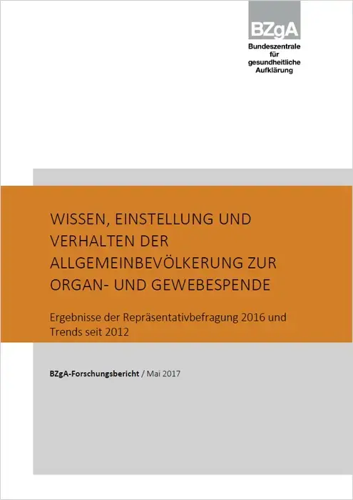 Organ-Gewebespende_2016_Bericht.jpg Titelseite der Studie: Wissen, Einstellung und Verhalten der Allgemeinbevölkerung zur Organ- und Gewebespende 2016
