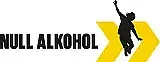 Logo der Kampagne "Null Alkohol - Voll Power": Schwarze Schrift auf weißem Hintergrund "NULL ALKOHOL", daneben zwei dicke, gelbe Pfeile, in deren Mitte ein Mensch (als Schatten dargestellt) in die Luft springt.