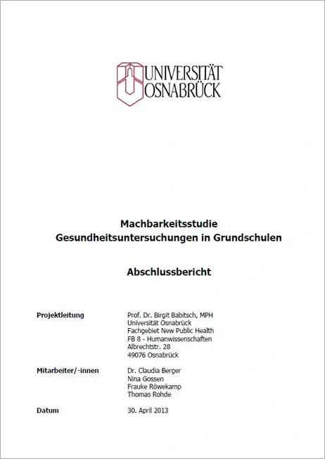 Titelseite der Machbarkeitsstudie "Gesundheitsuntersuchungen in Grundschulen"