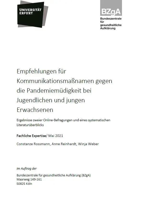 Titelseite der Studie: Empfehlungen für Kommunikationsmaßnamen gegen die Pandemiemüdigkeit bei Jugendlichen und jungen Erwachsenen