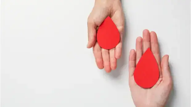 Eine offene Hand, die oben ins Bild kommt und eine offene Hand, die von unten ins Bild kommt – auf beiden Händen liegt ein Tropfen aus roter Pappe.