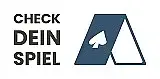 Logo der Kampagne "Check Dein Spiel": Links der Slogan "CHECK DEIN SPIEL" in Großbuchstaben, ein Wort pro Zeile; daneben zwei Karten aneinander gestellt; die vordere dunkelblau mit weißem Piek-Zeichen; die hintere weiß