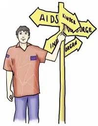 junger Mann steht neben einem Wegweiser mit Themen der BZgA (Kinder, AIDS, Organ...)
