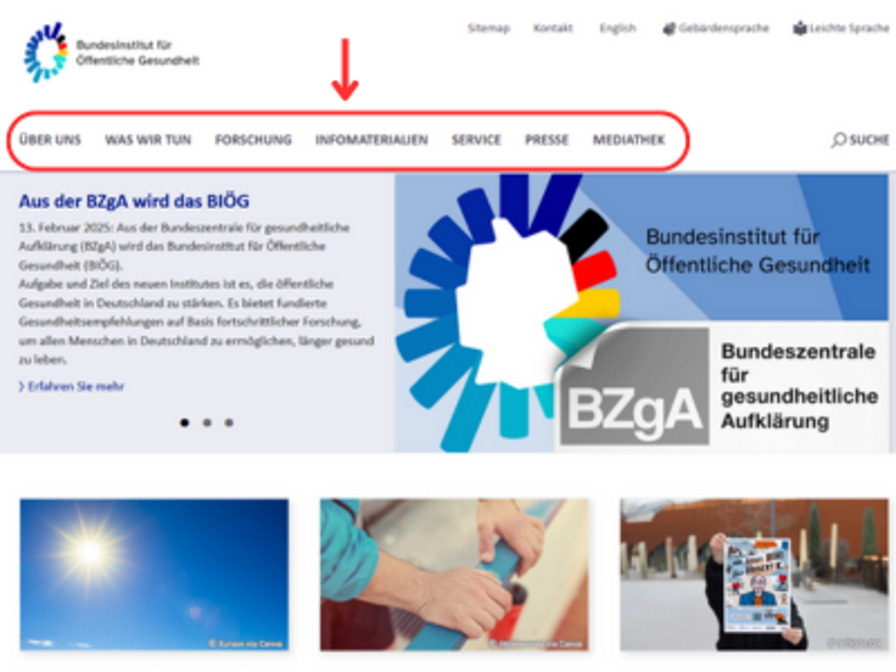 Screenshot der Seite bioeg.de mit hervorgehobener/rot umrandeter Hauptnavigation