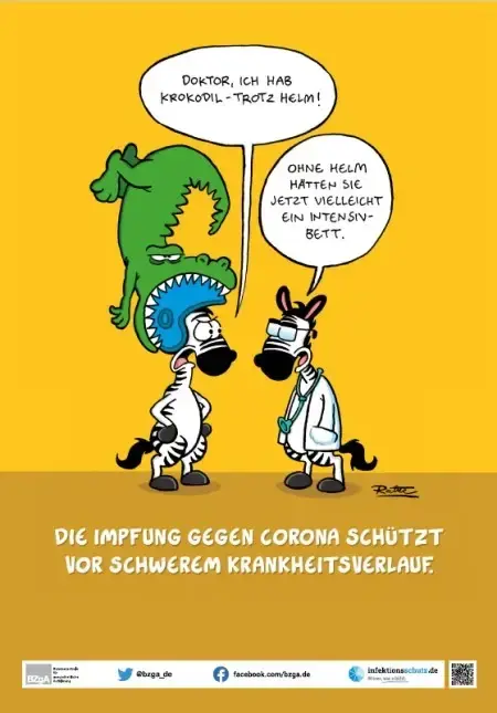 Plakat-Motiv 1: Helm-Krokodil kreative Initiative von Ralph Ruthe zur Corona-Schutzimpfung - Plakat-Motiv 1: Helm-Krokodil