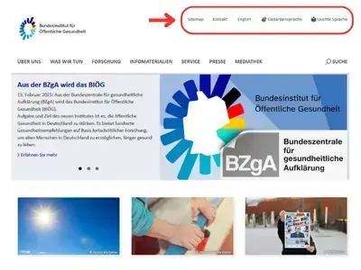 Screenshot der Seite bioeg.de mit hervorgehobener/rot umrandeter Metanavigation