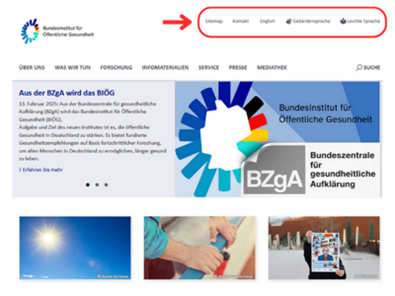 Screenshot der Seite bioeg.de mit hervorgehobener/rot umrandeter Metanavigation