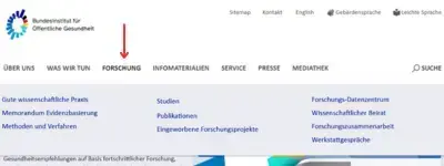 Screenshot der Seite bieog.de mit rotem Pfeil auf Hauptbereich Forschung. Der ist fett gedruckt und das Dropdownmenü ist geöffnet.