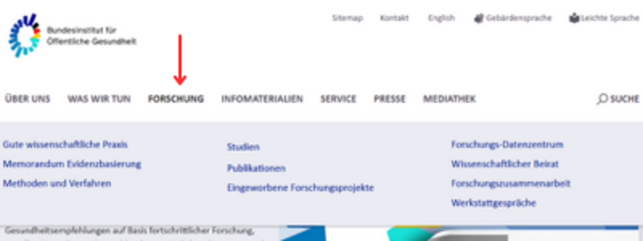 Screenshot der Seite bieog.de mit rotem Pfeil auf Hauptbereich Forschung. Der ist fett gedruckt und das Dropdownmenü ist geöffnet.