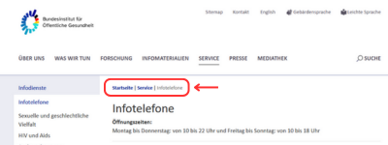 Screenshot der Seite bioeg.de mit hervorgehobenem/rot umrandeten Bereich der Breadcrumbs