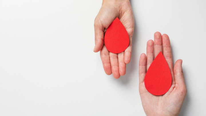 Eine offene Hand, die oben ins Bild kommt und eine offene Hand, die von unten ins Bild kommt – auf beiden Händen liegt ein Tropfen aus roter Pappe.