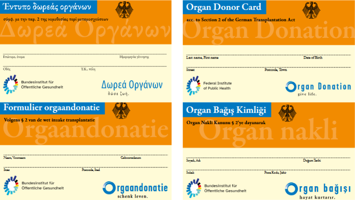 Collage aus vier internationalen Organspendeausweisen: griechisch, englisch, niederländisch und türkisch (von links oben nach rechts unten)