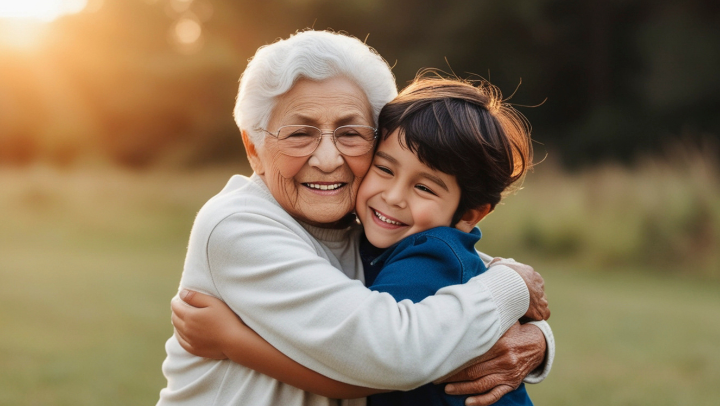 Ältere Frau und Junge stehen auf einer Wiese vor einem Waldstück und umarmen sich innig. Beide freuen sich und lachen.